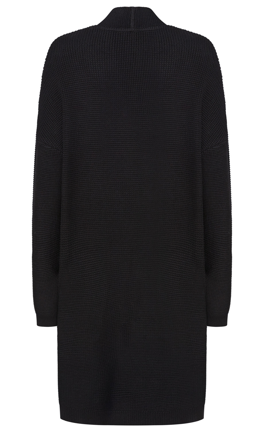 schwarzer langer Strickpullover mit Rollkragen, langem Arm, grober Strickstruktur, locker sitzend, unifarben, Rückansicht