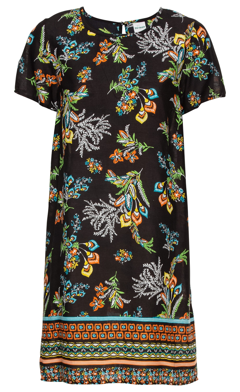 Schwarzes Modal-Kleid mit kurzen Ärmeln, buntem floralen Muster in Orange, Grün, Blau und Weiß, rundem Ausschnitt, unten gemustert mit geometrischen und floralen Elementen.