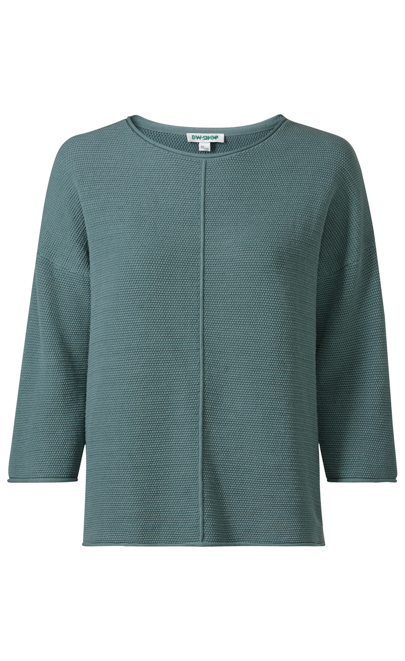 baumwoll-pullover in taubengrau, strukturierter stoff, rundhalsausschnitt, 3/4-ärmelig, lockere passform, mittige naht vorne, schlichtes design