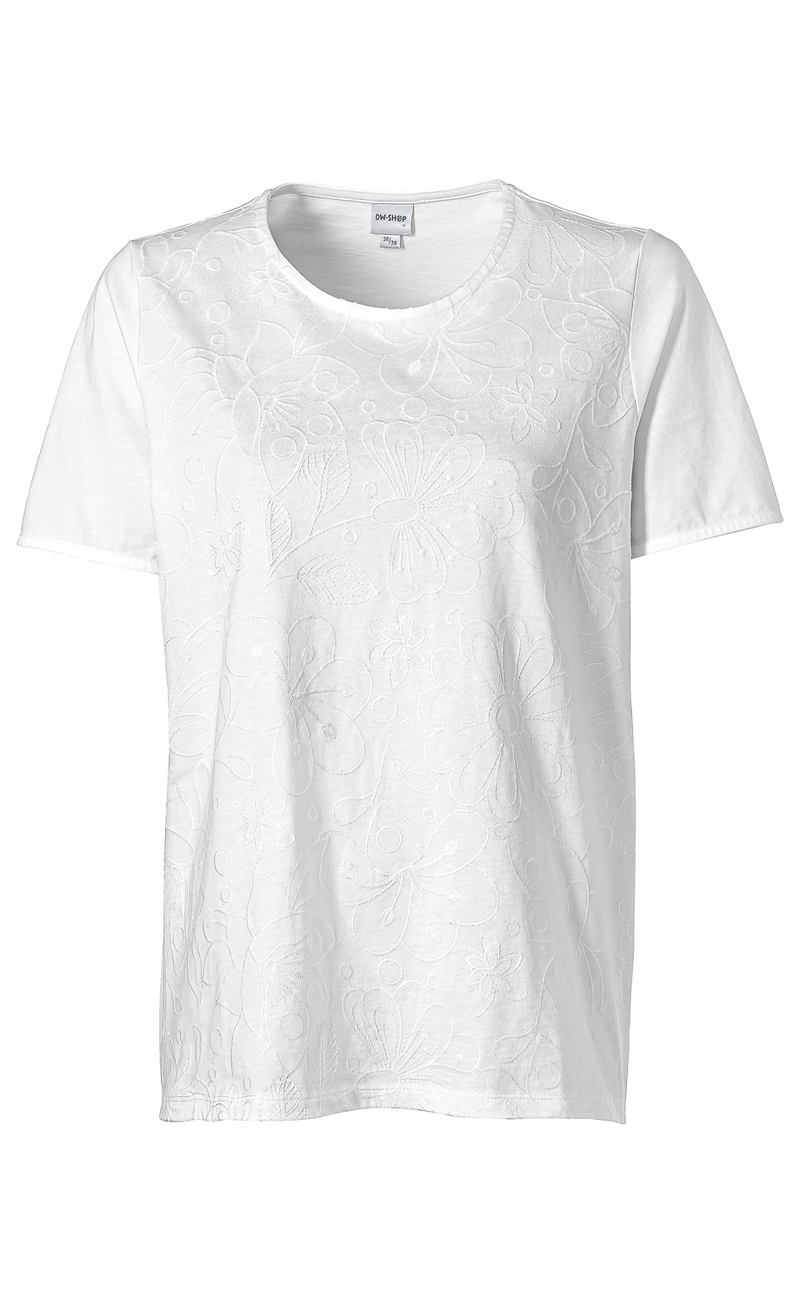 weißes Damen-T-Shirt mit kurzen Ärmeln und Rundhalsausschnitt, Ton-in-Ton Blumenstickerei auf der Vorderseite, leichter Stoff, lockere Passform, Größe 38, Marke DW-Shop