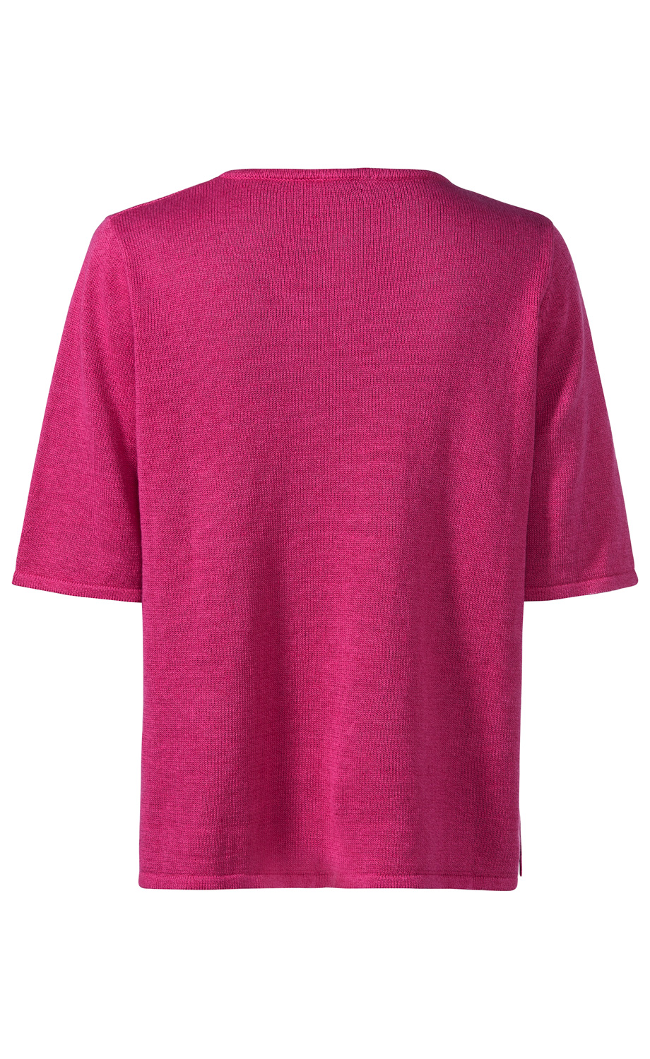 Leinen-Mix-Pullover in Pink, kurzärmlig, gerader Schnitt, aus fein gestricktem Material, Rückansicht, mit Rundhalsausschnitt und seitlichem Schlitz am Saum