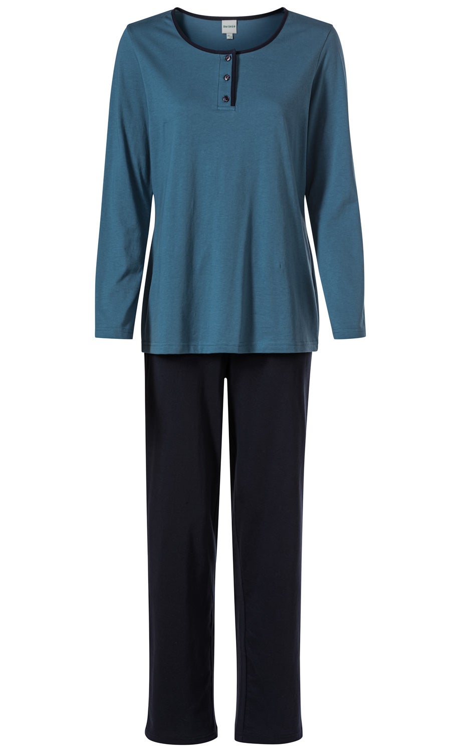 Baumwoll-Pyjama Set bestehend aus blaugrünem Langarmshirt mit drei Knöpfen am Rundhalsausschnitt und schwarzen, geraden langen Hosen, schlicht und bequem designed