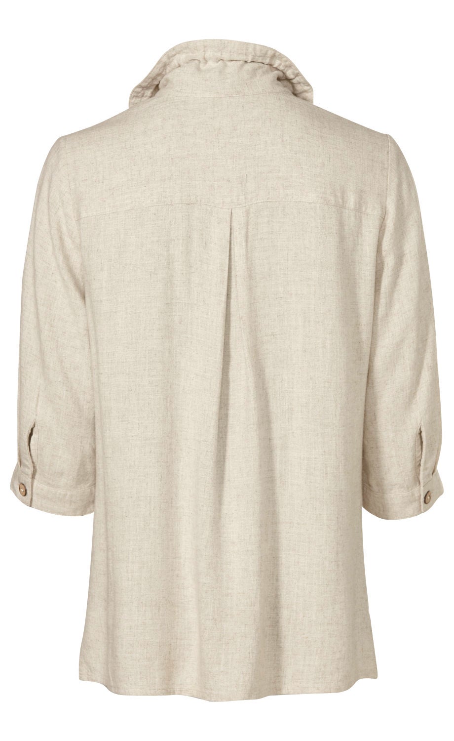 Rückansicht einer beige Viskose-Mix-Bluse mit 3/4-langen Ärmeln, Knopfmanschetten und gerafftem Stehkragen, mittiger Rückenfalte, lockerem Schnitt und feiner, strukturierter Stoffoptik