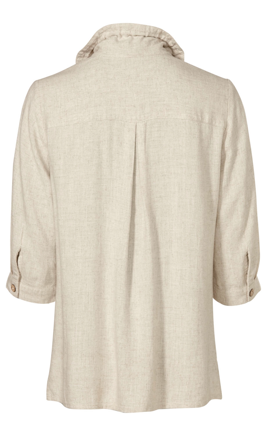 Rückansicht einer beige Viskose-Mix-Bluse mit 3/4-langen Ärmeln, Knopfmanschetten und gerafftem Stehkragen, mittiger Rückenfalte, lockerem Schnitt und feiner, strukturierter Stoffoptik