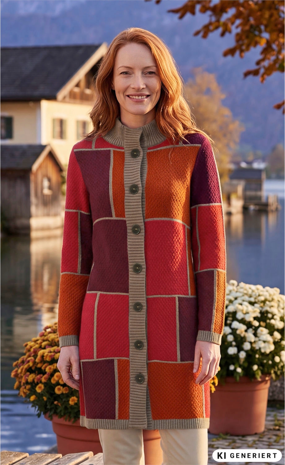 Frau trägt Baumwoll-Mix-Strickmantel mit buntem Karomuster in Rot-, Orange- und Beigetönen, stehender Kragen, Knopfleiste, vor herbstlicher Seelandschaft mit Blumen und Häusern