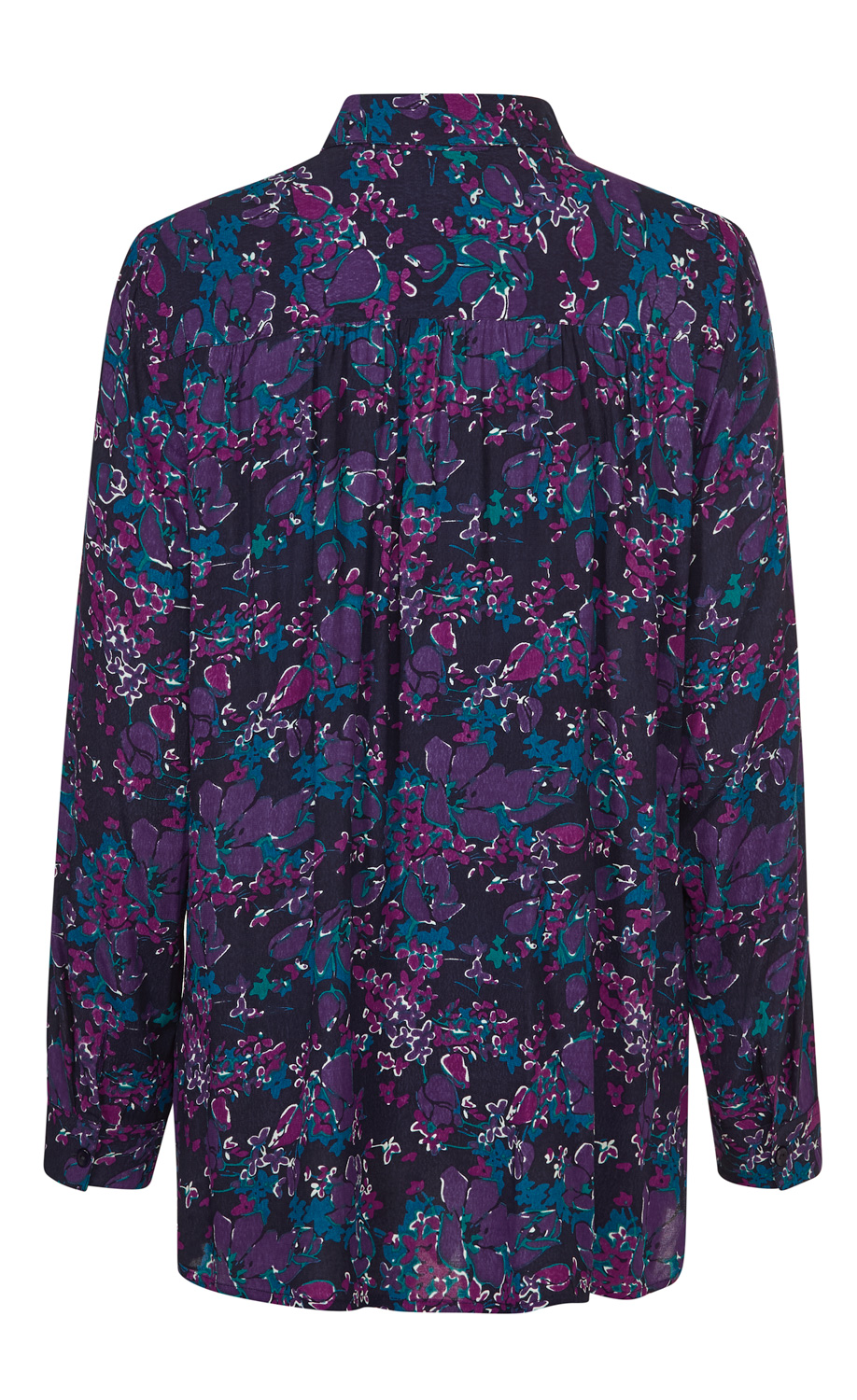 Viskose-Bluse, Rückansicht, lange Ärmel mit Manschetten, dunkler Grundton mit floralem Muster in Lila, Blau und Weiß, lockere Passform, klassischer Kragen, leichte Falten am Rücken