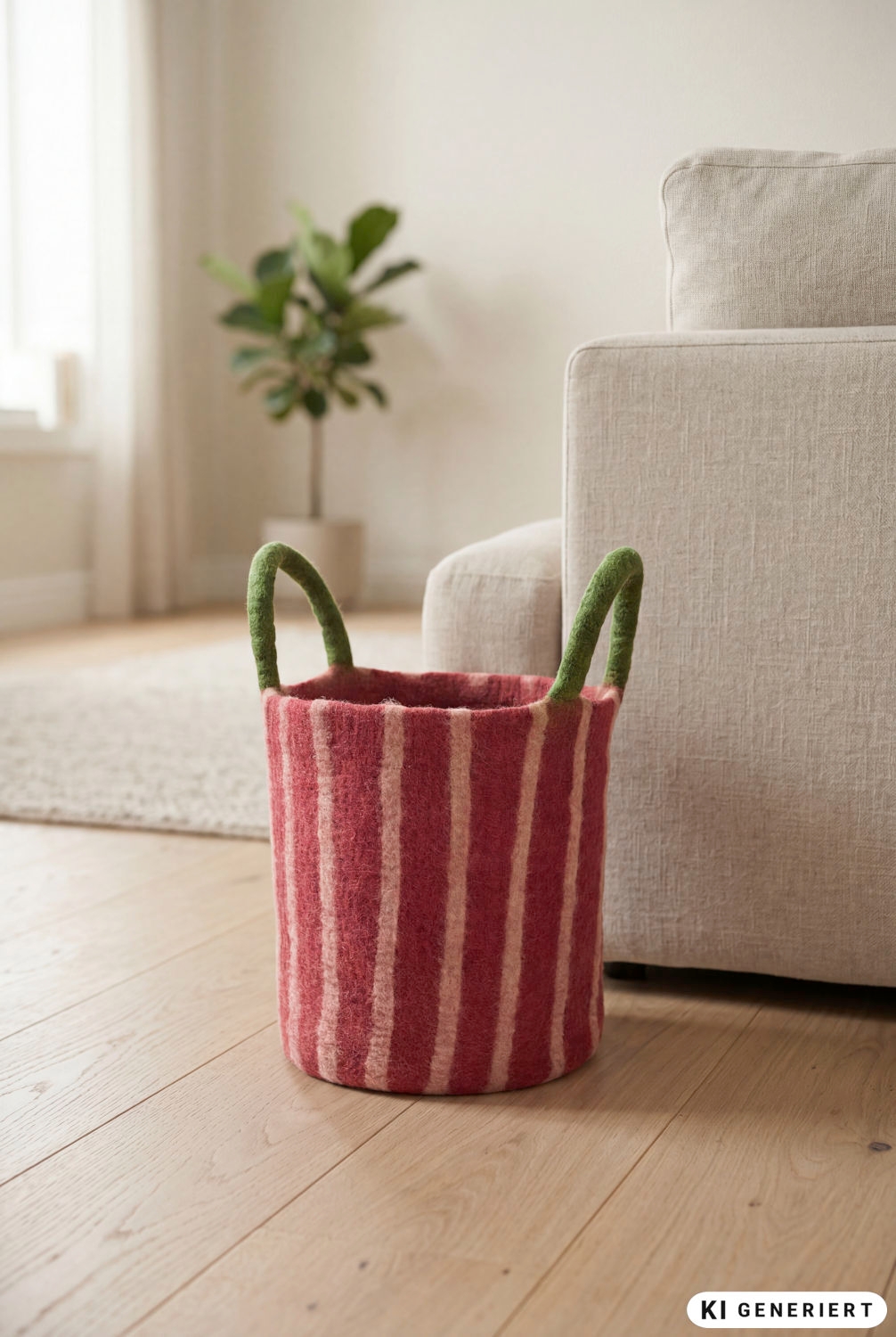 Filz-Korb mit roten und hellen senkrechten Streifen, zwei grüne Henkel, steht auf hellem Holzboden neben einem beigen Sofa, im Hintergrund unscharfe Zimmerpflanze und helles Fenster mit Vorhang