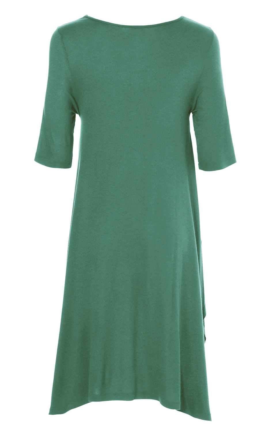 grünes Viskose-Kleid mit halblangen Ärmeln, locker geschnitten, hinten leicht länger, Rundhalsausschnitt, weicher, fließender Stoff, schlichtes Design, Rückansicht