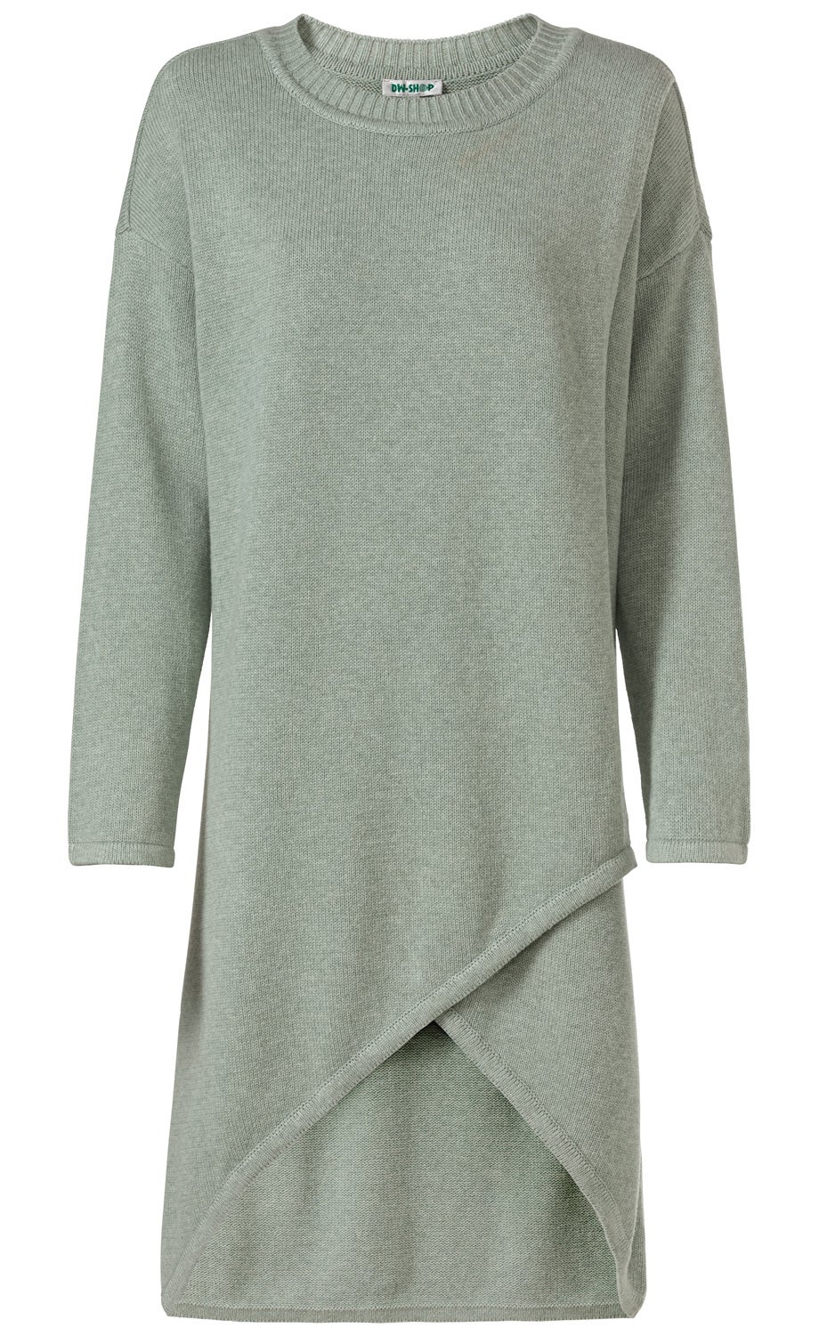 Baumwoll-Mix-Kleid in Grau-Grün mit Rundhalsausschnitt, langen Ärmeln und asymmetrischem, überlappendem Saumabschluss vorne, legerer Schnitt, weiche Strickqualität