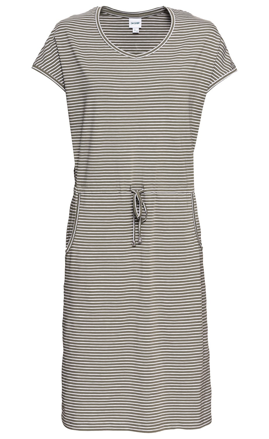 Baumwoll-Mix-Kleid mit kurzen Ärmeln, V-Ausschnitt, Tunnelzug in der Taille und zwei seitlichen Taschen, olivgrün mit weißen Horizontalstreifen