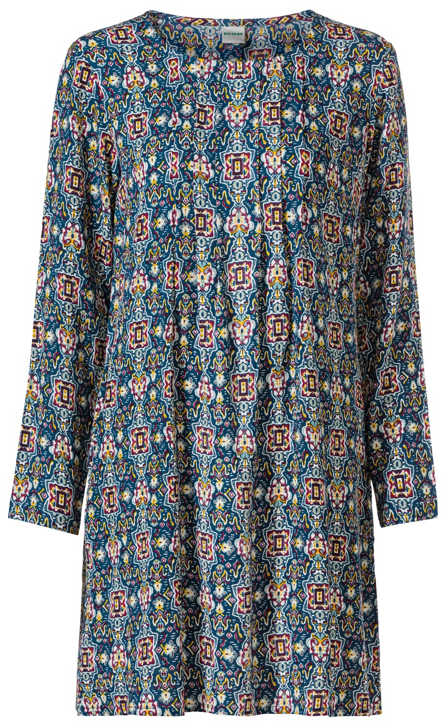 Viskose-Kleid mit langen Ärmeln, rundem Ausschnitt und farbenfrohem geometrischem Muster in Blau, Weiß, Gelb und Rot.