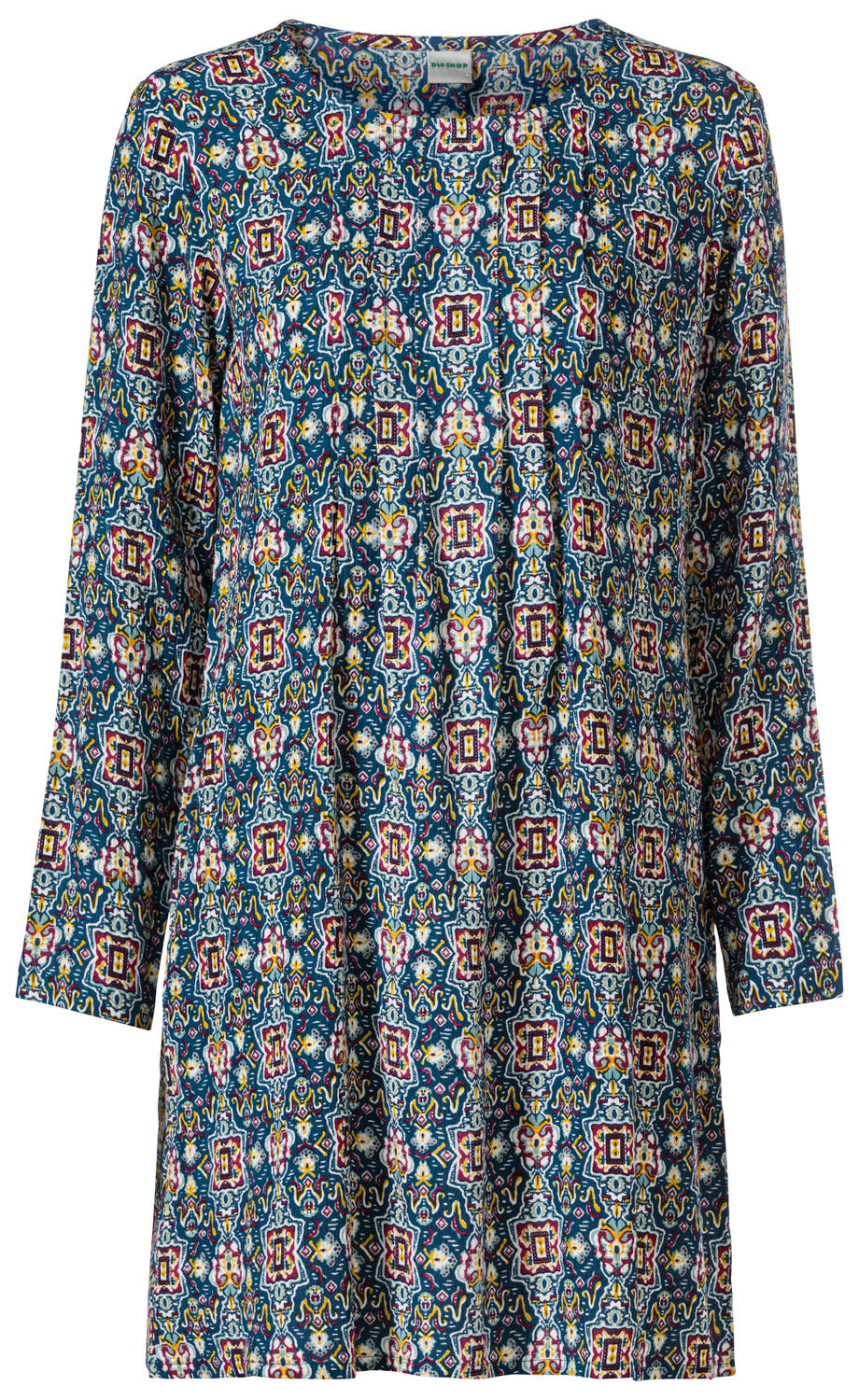 Viskose-Kleid mit langen Ärmeln, rundem Ausschnitt und farbenfrohem geometrischem Muster in Blau, Weiß, Gelb und Rot.