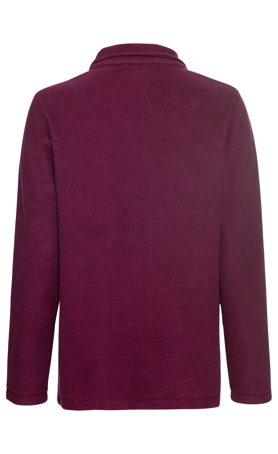 Baumwoll-Fleece-Jacke in dunklem Bordeauxrot, Rückansicht, langärmlig, mit einfachem Kragen, weiche Textur, gerade geschnittener Saum, ohne sichtbare Verzierungen oder Muster.
