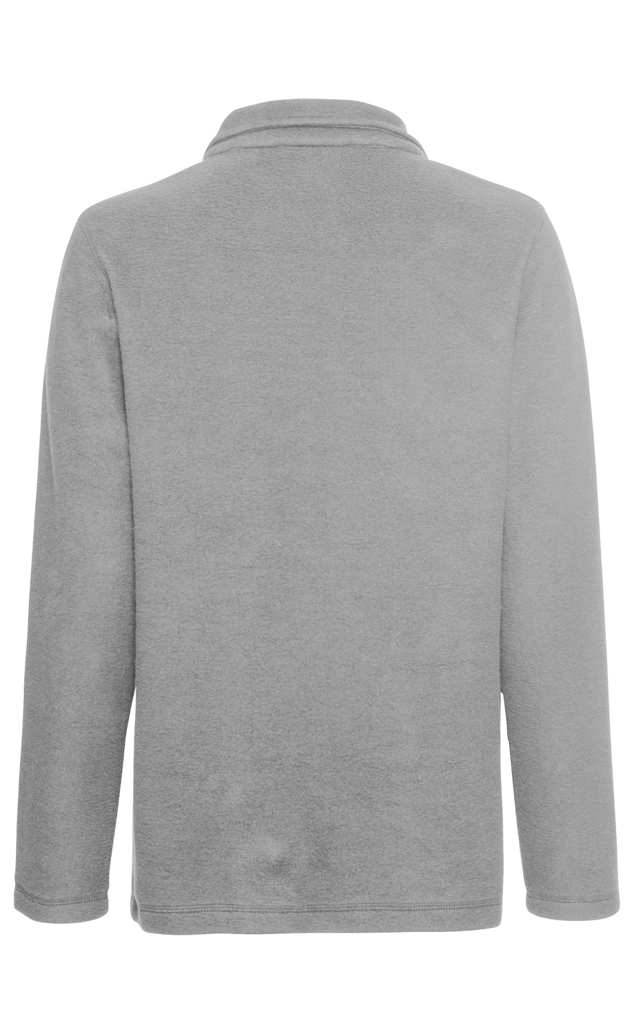 Baumwoll-Fleece-Jacke in Hellgrau, Rückansicht, mit langem Arm, Stehkragen und schlichter, weicher Oberfläche, ohne sichtbare Verschlüsse oder Muster.