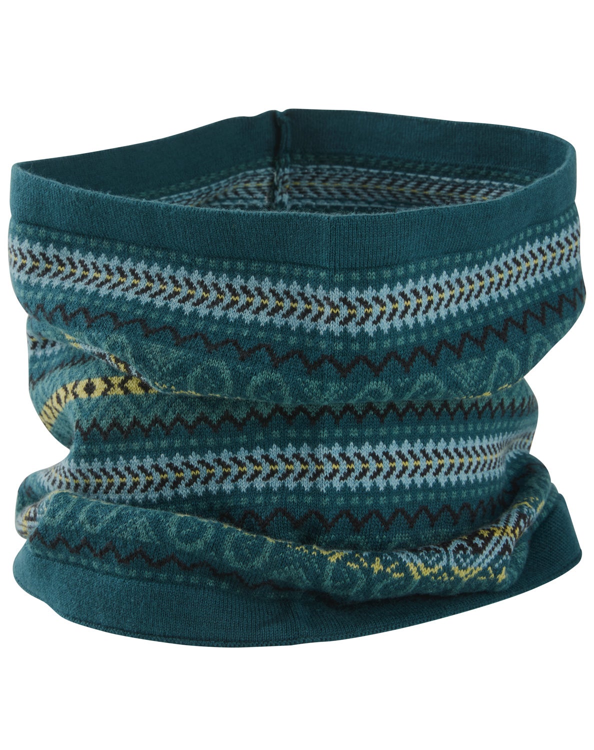 Baumwoll-Mix-Schal in dunklem Türkis mit buntem Norweger- und Zickzackmuster in Hellblau, Dunkelbraun und Senfgelb, runder Schlauchschal aus weichem, gestricktem Material