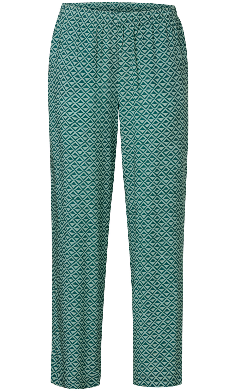 Grüne Viskose-Hose mit elastischem Bund und geometrischem Muster aus Rauten und Dreiecken, gerade geschnitten, knöchellang, leichte Stoffqualität, für Damen geeignet