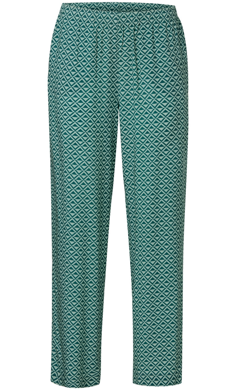 Grüne Viskose-Hose mit elastischem Bund und geometrischem Muster aus Rauten und Dreiecken, gerade geschnitten, knöchellang, leichte Stoffqualität, für Damen geeignet