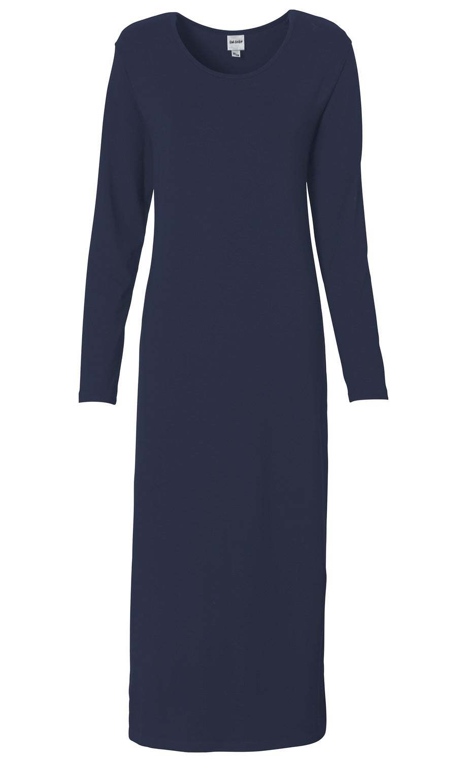 dunkelblaues Viskose-Mix-Kleid mit langen Ärmeln, rundem Ausschnitt, knielang, schlicht ohne Muster oder Verzierungen