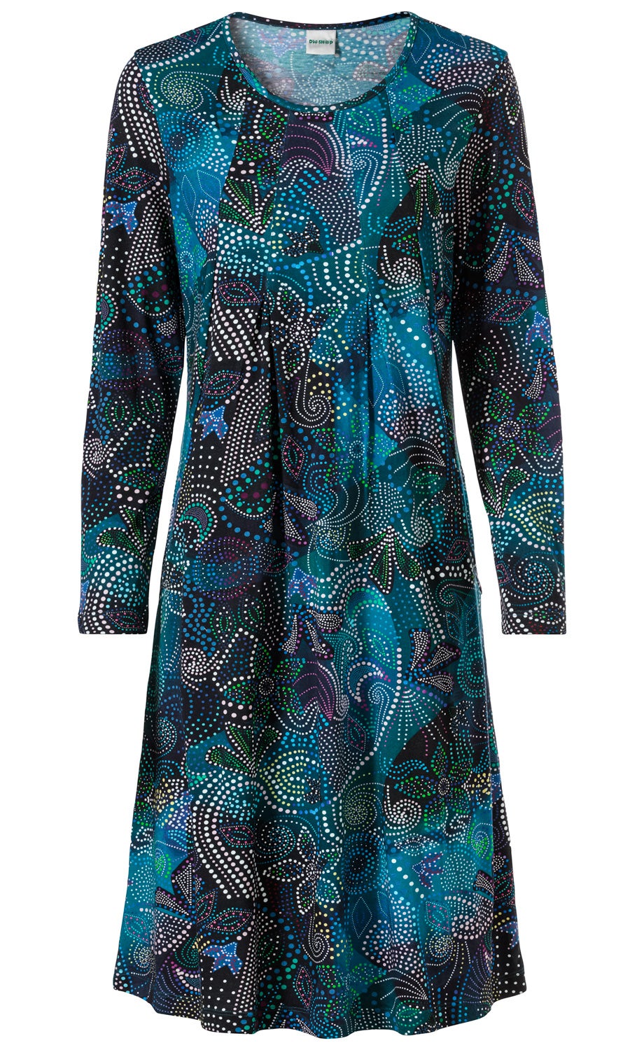 Baumwoll-Mix-Kleid mit langem Arm, Rundhalsausschnitt, A-Linie, abstraktem Tupfen- und Blumenmuster in Blau-, Grün- und Schwarztönen, locker sitzend, leichte Falten am Brustbereich