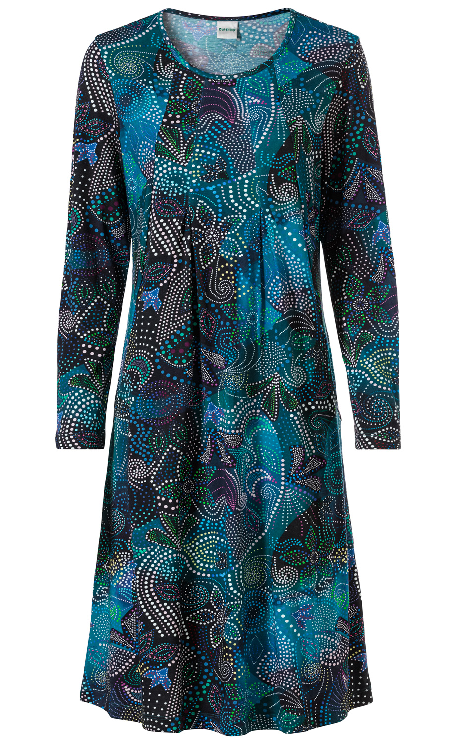 Baumwoll-Mix-Kleid mit langem Arm, Rundhalsausschnitt, A-Linie, abstraktem Tupfen- und Blumenmuster in Blau-, Grün- und Schwarztönen, locker sitzend, leichte Falten am Brustbereich