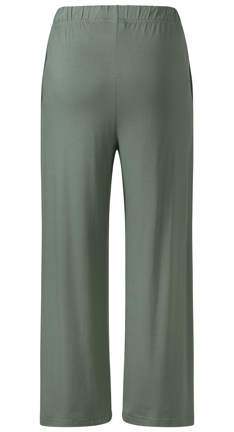 Damen Viskose-Mix-Hose in legerer Passform, olivgrün, elastischer Bund, gerade, weite Beine, knöchellang, glatter Stoff, Rückansicht