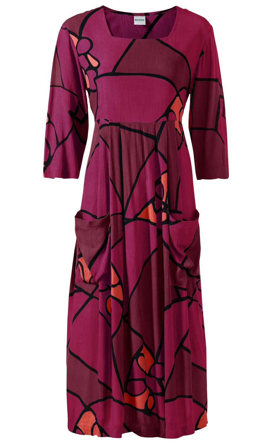 Viskose-Kleid in dunklem Magenta mit abstraktem Schwarz- und Orange-Muster, knielang, 3/4-Arm, rundem Ausschnitt, lockere Passform mit Taillennaht und zwei seitlichen aufgesetzten Taschen