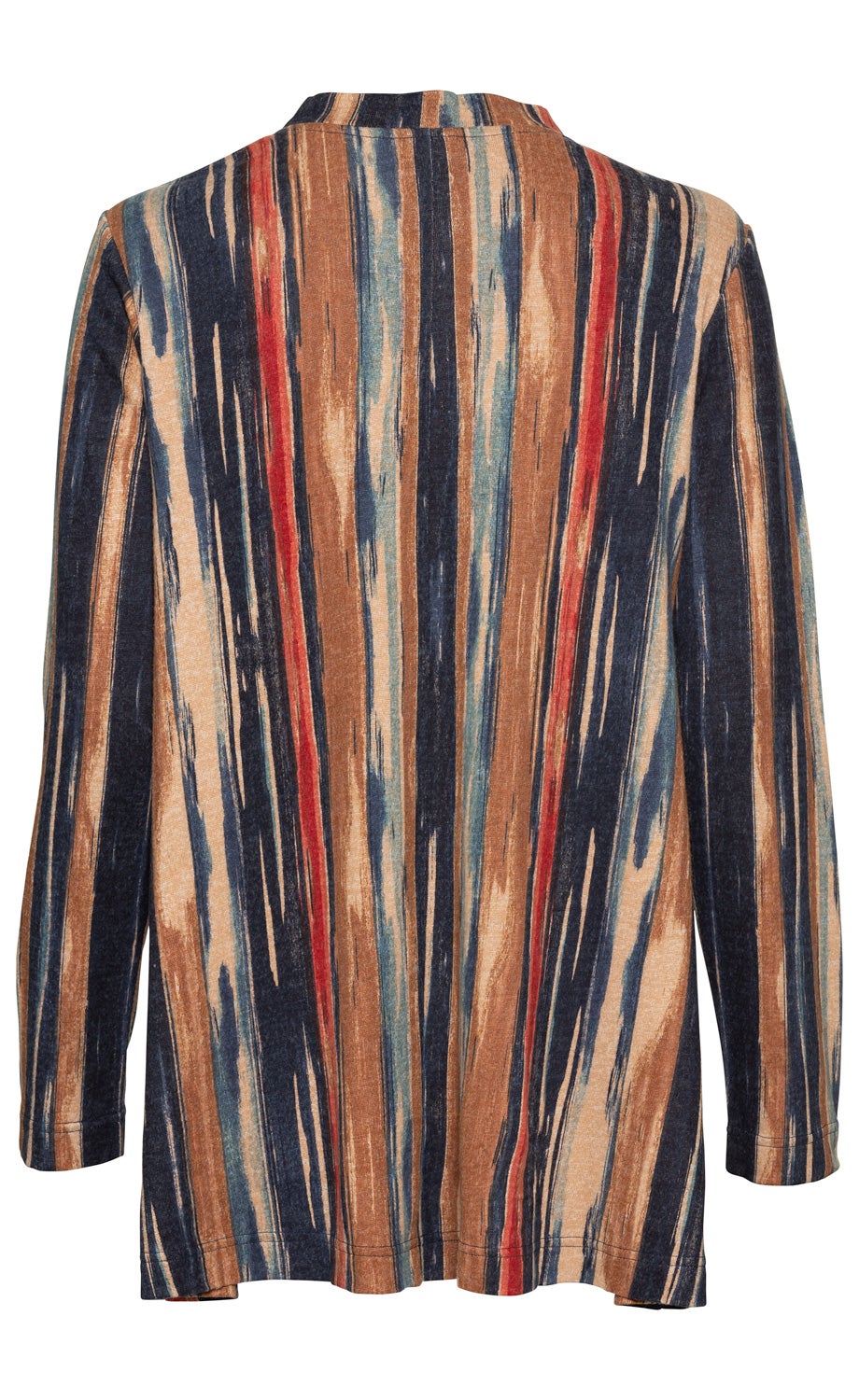 Viskose-Mix-Jacke, Rückansicht, langärmelig, Muster mit vertikalen Streifen in Blau, Braun, Beige und Rot, locker geschnitten, leichter Stoff, ohne Verschluss, gerader Saum