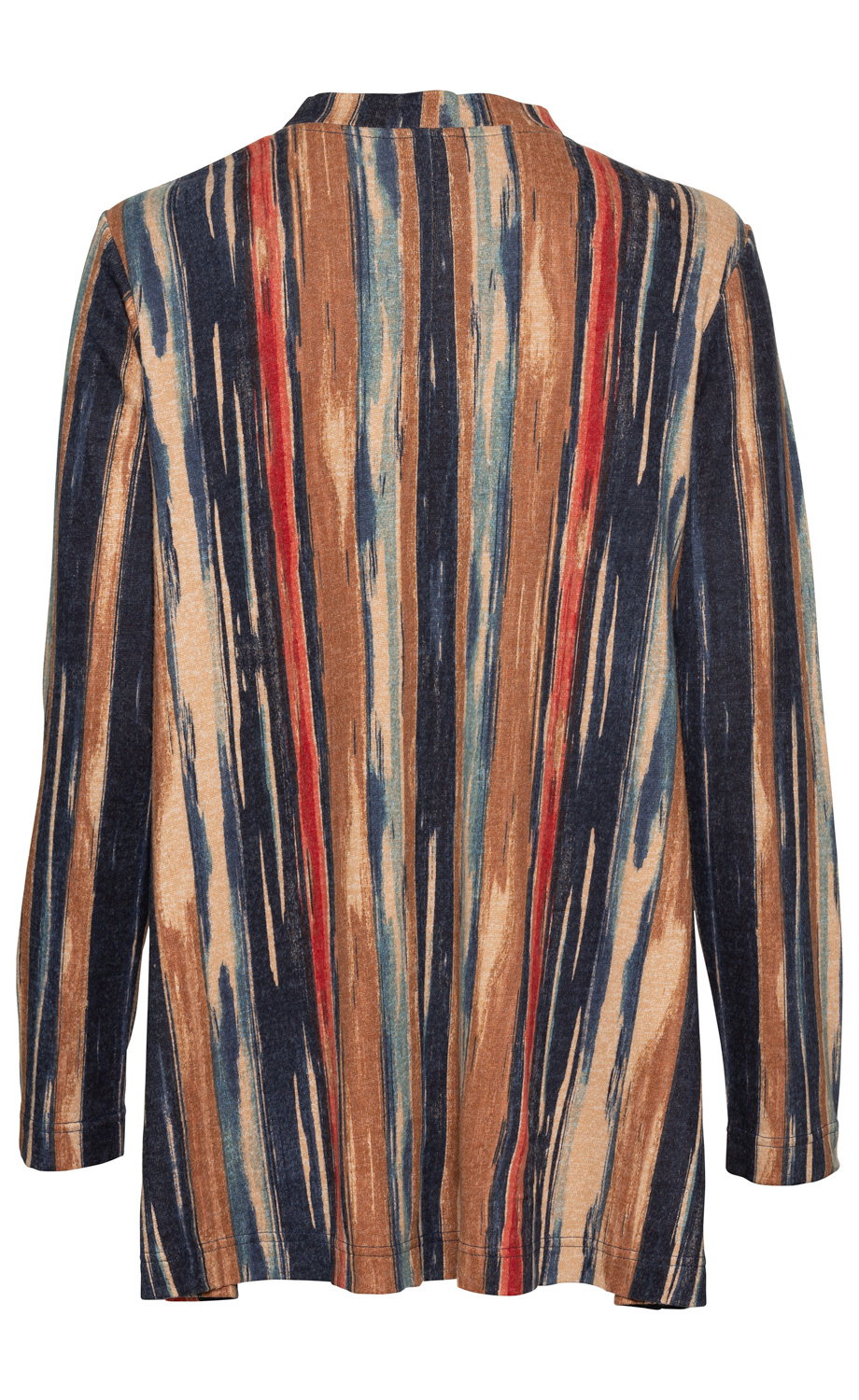 Viskose-Mix-Jacke, Rückansicht, langärmelig, Muster mit vertikalen Streifen in Blau, Braun, Beige und Rot, locker geschnitten, leichter Stoff, ohne Verschluss, gerader Saum