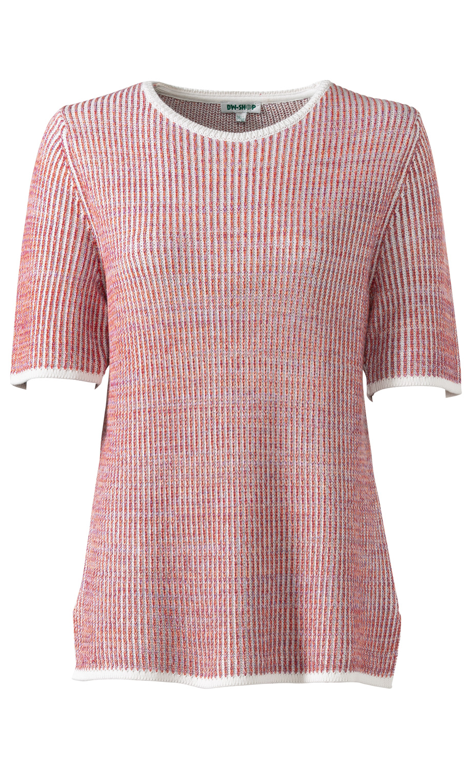 Baumwoll-Pullover mit kurzen Ärmeln, rundem Ausschnitt, feinem Rippstrickmuster in Rot- und Weißtönen, leicht tailliert und mit weißen Abschlüssen an Ärmeln und Saum.