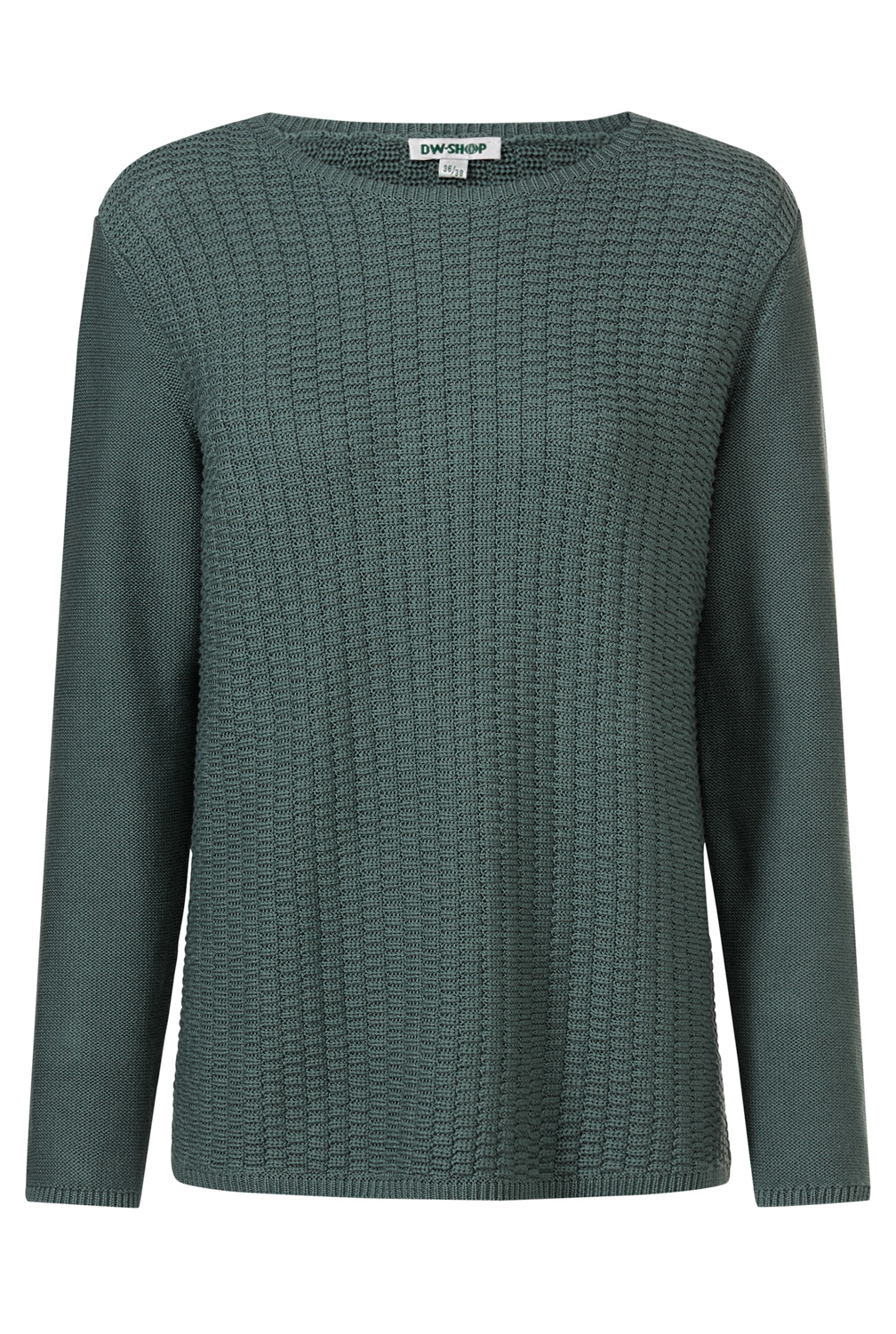 Baumwoll-Pullover in gedämpftem Grün mit strukturierter Front und glatten Ärmeln, Rundhalsausschnitt, lange Ärmel, gerade Passform, Feinstrickstruktur, Größe 36/38 vom Hersteller DW-Shop