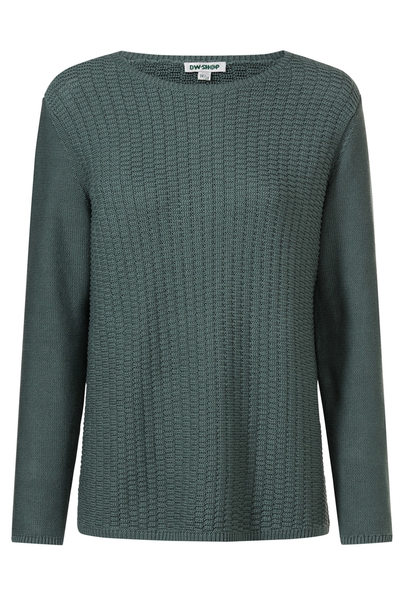 Baumwoll-Pullover in gedämpftem Grün mit strukturierter Front und glatten Ärmeln, Rundhalsausschnitt, lange Ärmel, gerade Passform, Feinstrickstruktur, Größe 36/38 vom Hersteller DW-Shop