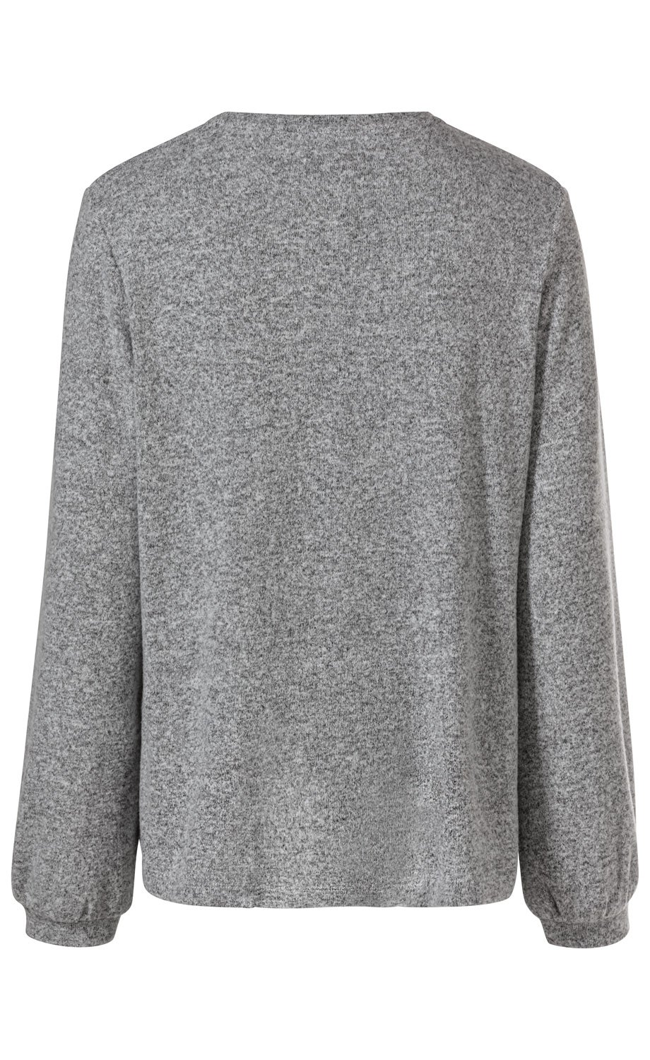 Rückansicht eines grauen Viskose-Mix-Shirts mit langen Ärmeln und elastischen Bündchen, schlichte und weiche Strickoptik, gerader Saumabschluss.