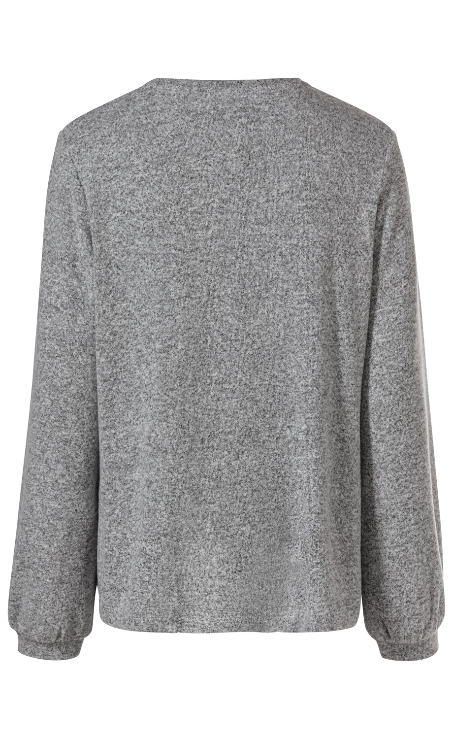 Rückansicht eines grauen Viskose-Mix-Shirts mit langen Ärmeln und elastischen Bündchen, schlichte und weiche Strickoptik, gerader Saumabschluss.