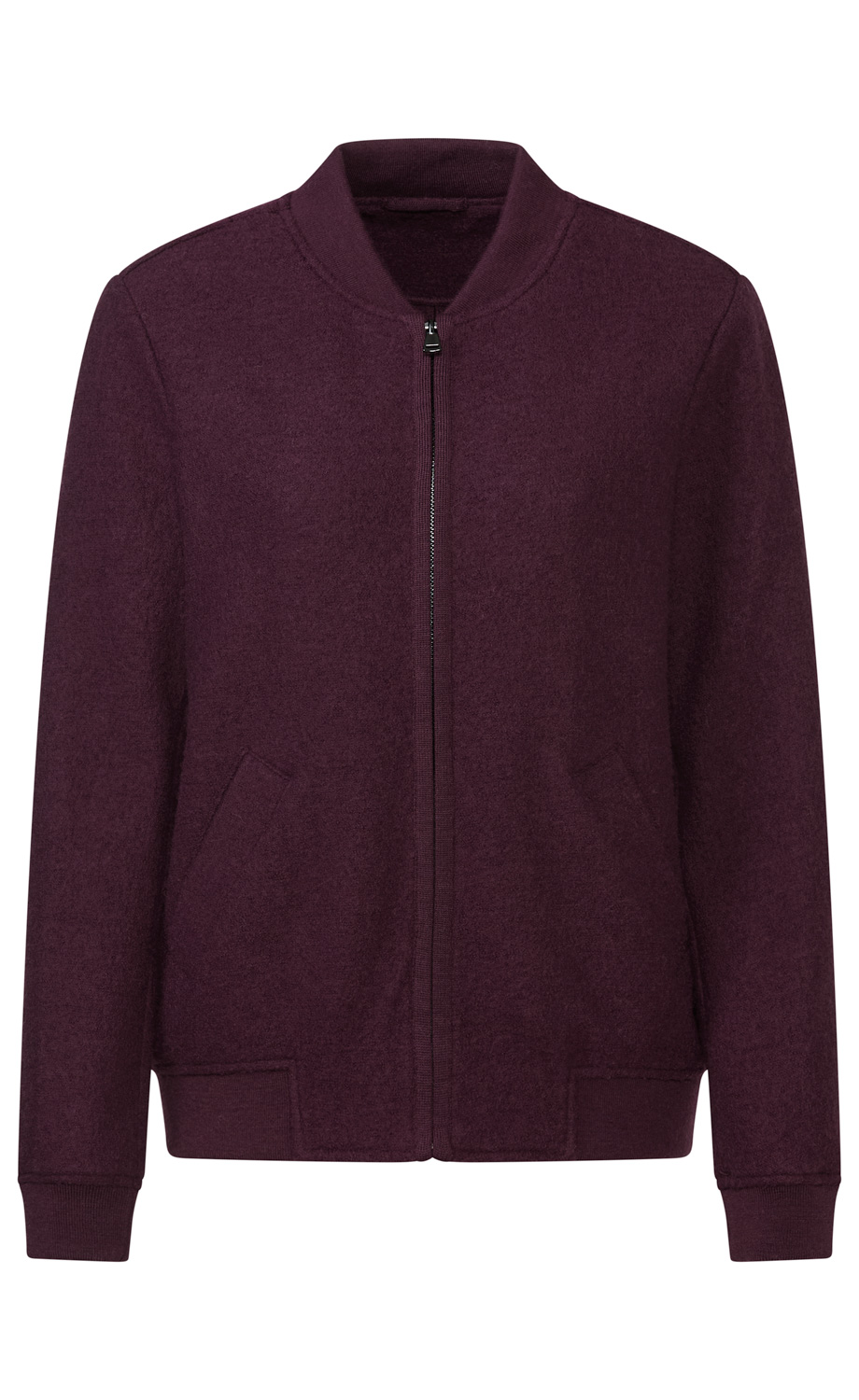 dunkelviolette Jacke mit Reißverschluss, Stehkragen, langen Ärmeln und seitlichen Taschen, aus weichem Material mit gerippten Bündchen an Ärmeln und Saum