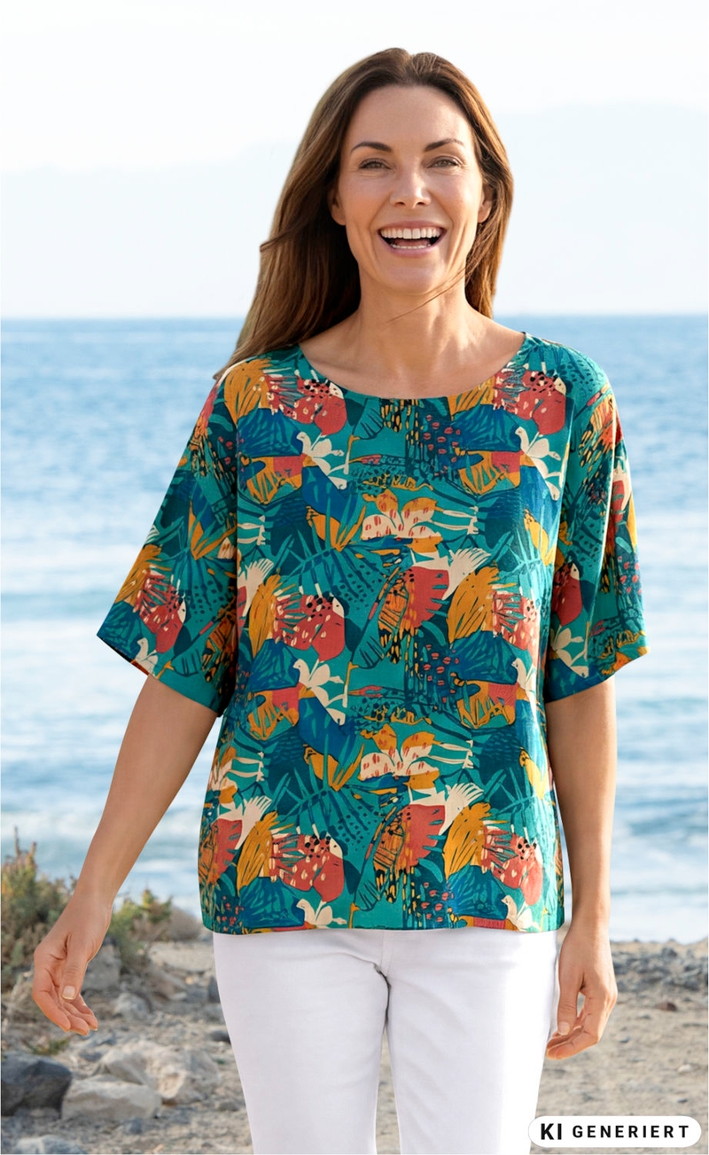 Frau am Strand trägt bunte Viskose-Bluse mit abstraktem Blumen- und Blättermuster in Orange, Blau und Grün, kombiniert mit weißer Hose, lachend und leicht nach vorne schreitend.