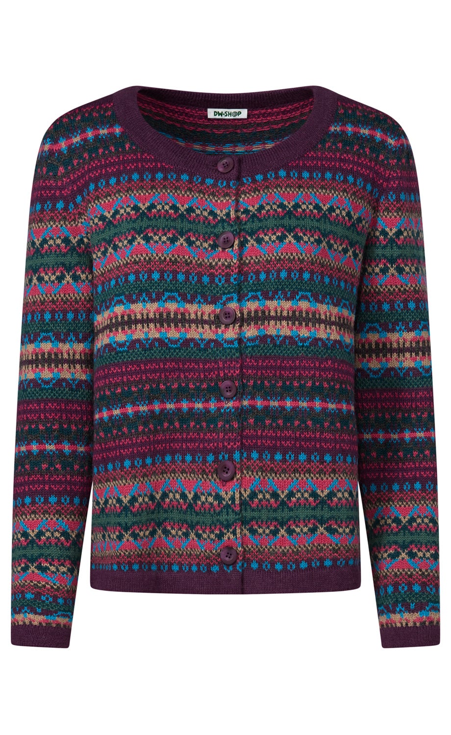 Strickjacke mit rundem Halsauschnitt, durchgehender Knopfleiste, gemustertem Fair-Isle-Design in Dunkellila, Blau, Grün, Rot und Beige, lange Ärmel, schmaler Bund am Saum und Ärmeln