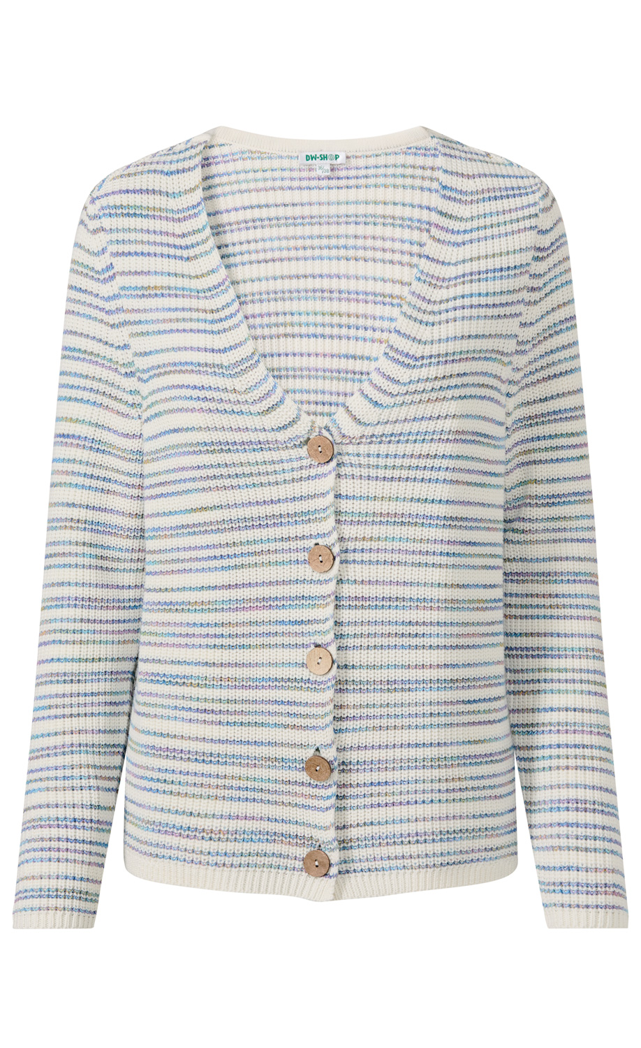 Baumwoll-Strickjacke in Cremeweiß mit mehrfarbigen horizontalen Streifen, V-Ausschnitt, langen Ärmeln und fünf braunen Holzknöpfen, gerippte Saum- und Ärmelabschlüsse