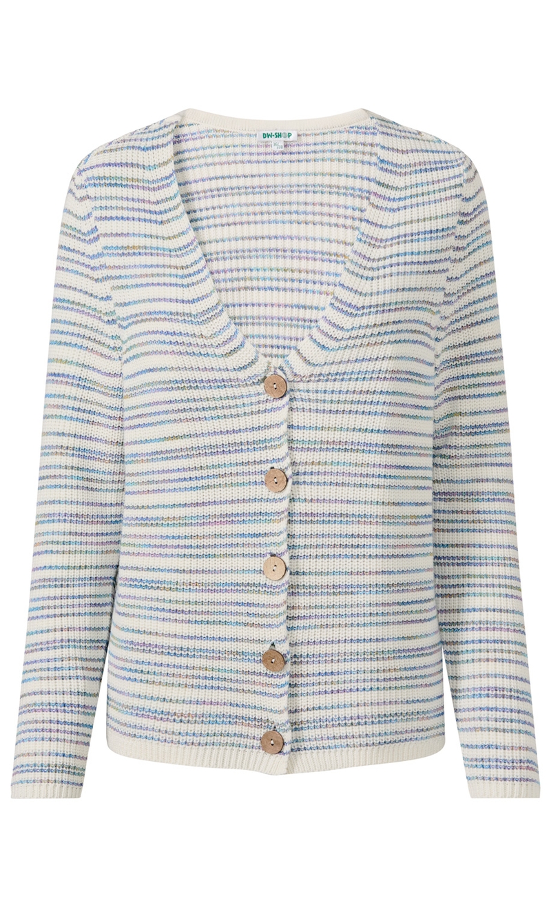 Baumwoll-Strickjacke in Cremeweiß mit mehrfarbigen horizontalen Streifen, V-Ausschnitt, langen Ärmeln und fünf braunen Holzknöpfen, gerippte Saum- und Ärmelabschlüsse