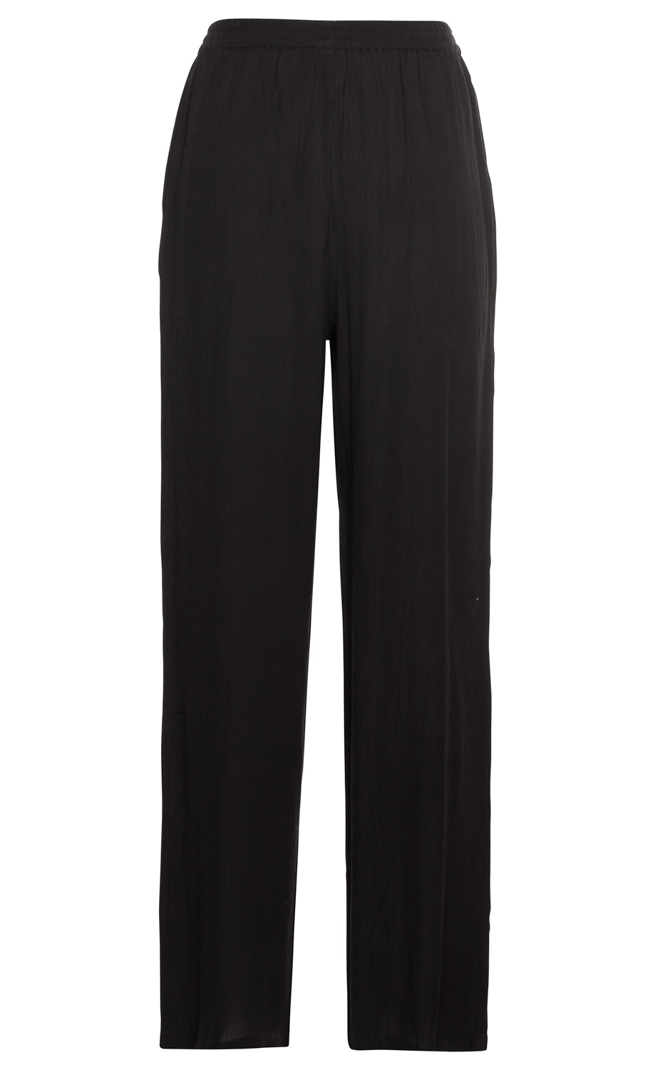 Schwarze Viskose-Hose mit geradem Schnitt, elastischem Bund und ohne sichtbare Taschen, legere Passform, glatter Stoff, knöchellang