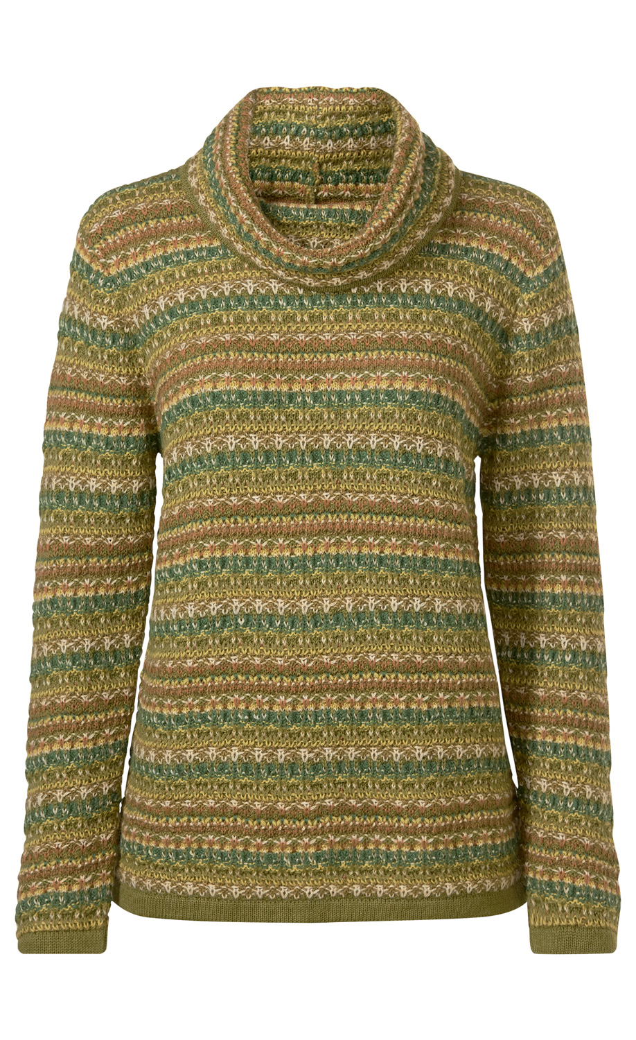 Alpaka-Pullover mit Rollkragen, gestrickt in grün, beige und braun mit farbigen Musterrippen, langärmlig, leicht tailliert, feine Wolle, warme und gemütliche Textur