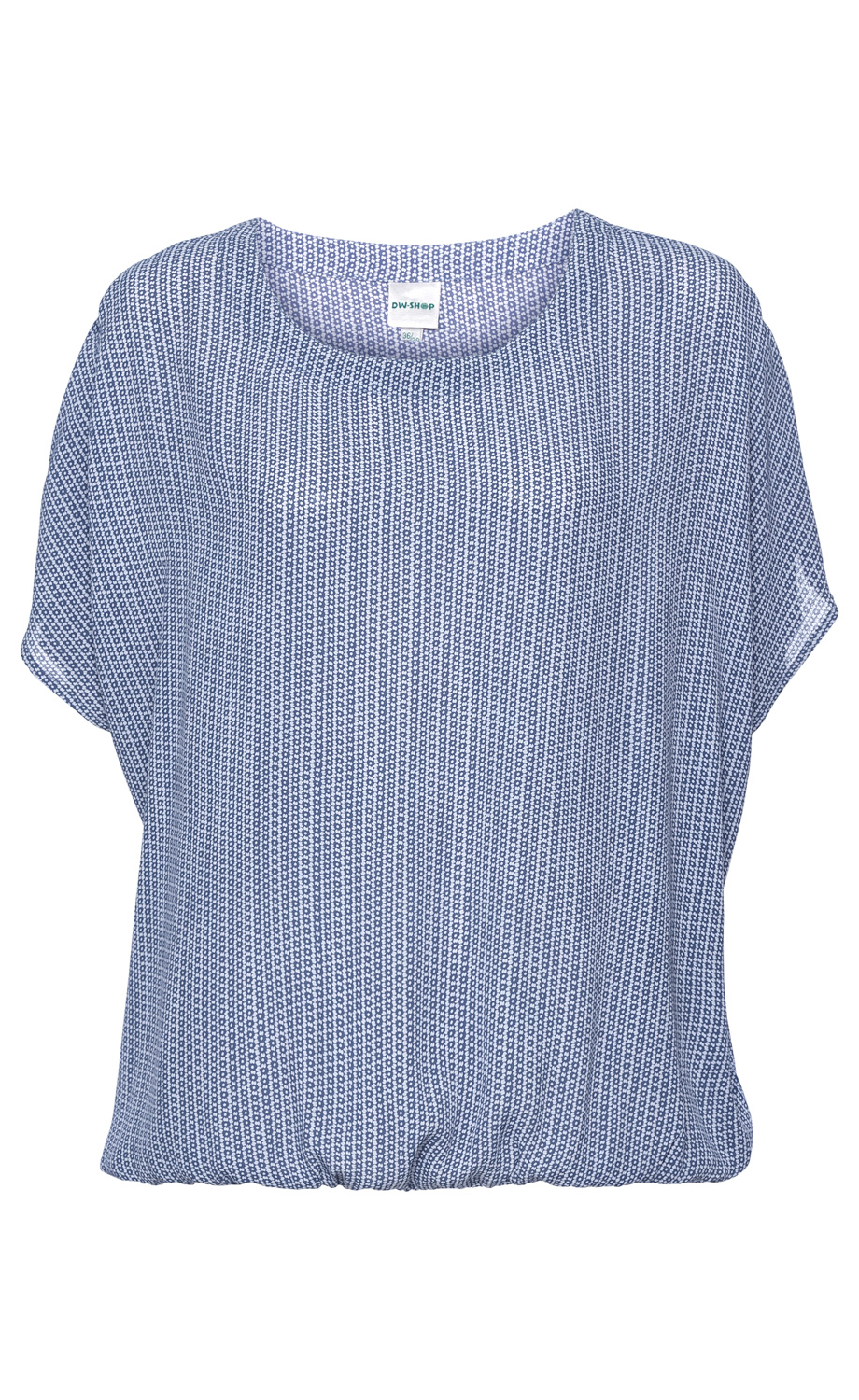 blaue Viskose-Bluse mit kurzem Ärmel, rundem Ausschnitt, elastischem Saum, feinem Muster aus kleinen weißen Kreisen und Punkten, locker geschnitten