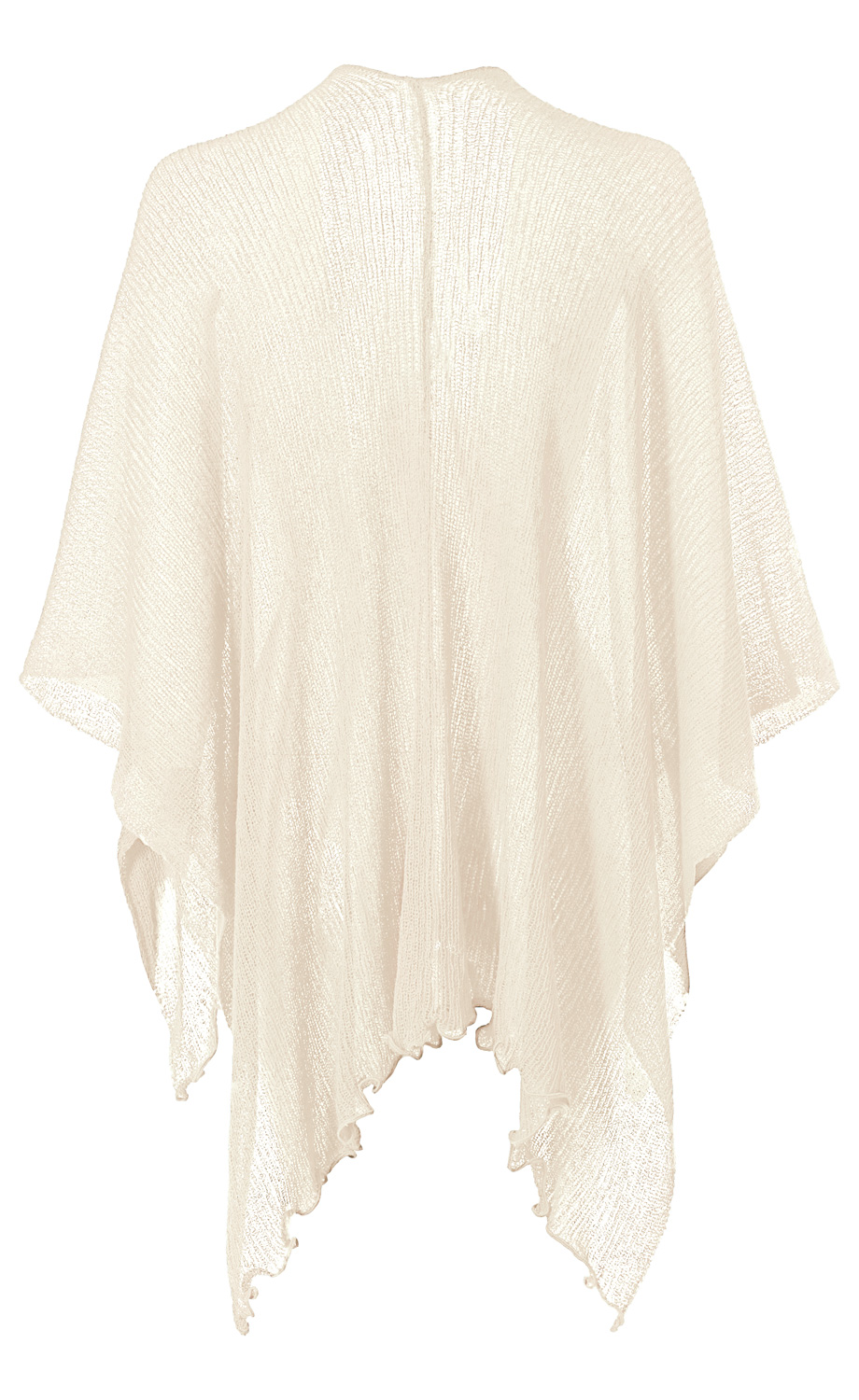 feine, cremeweiße Viskose-Stola mit lockerem Strickmuster, asymmetrischem Saum und leicht transparentem, weichem Stoff, großflächiger Umhangform, ideal als leichtes Überwurf-Accessoire