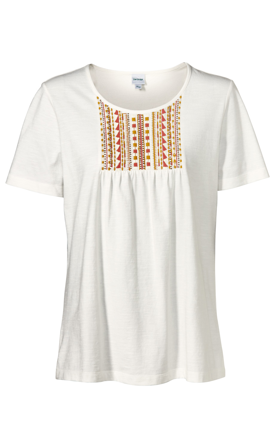 weißes Baumwoll-Shirt mit kurzem Arm, rundem Halsausschnitt und senkrechtem, farbigem Muster in Orange, Braun und Gelb auf der Brust, lockere Passform