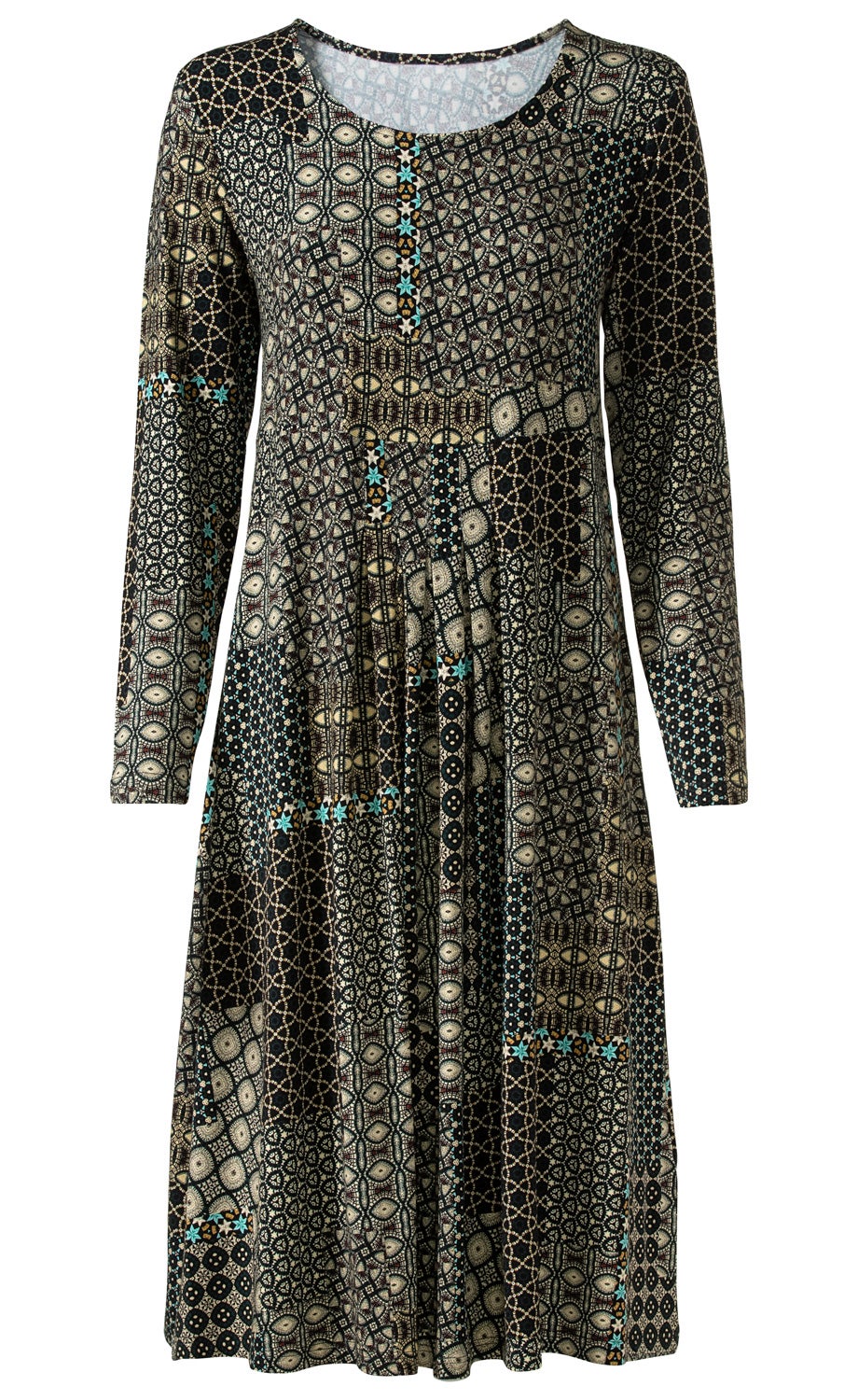 Viskose-Mix-Kleid mit langem Arm, rundem Ausschnitt, knieumspielender Länge, gemustert mit geometrischen und floralen Motiven in Schwarz, Beige, Braun und Türkis, locker fallend