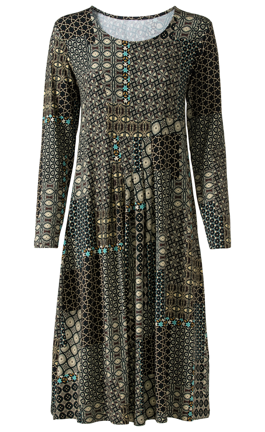 Viskose-Mix-Kleid mit langem Arm, rundem Ausschnitt, knieumspielender Länge, gemustert mit geometrischen und floralen Motiven in Schwarz, Beige, Braun und Türkis, locker fallend