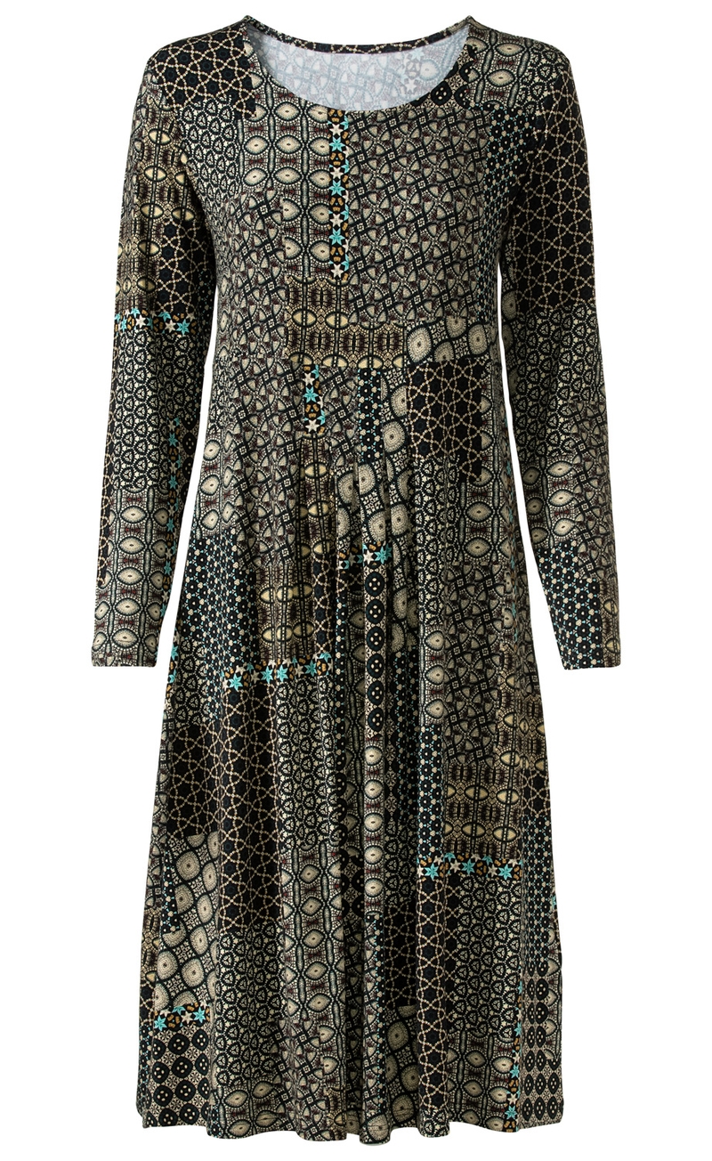Viskose-Mix-Kleid mit langem Arm, rundem Ausschnitt, knieumspielender Länge, gemustert mit geometrischen und floralen Motiven in Schwarz, Beige, Braun und Türkis, locker fallend