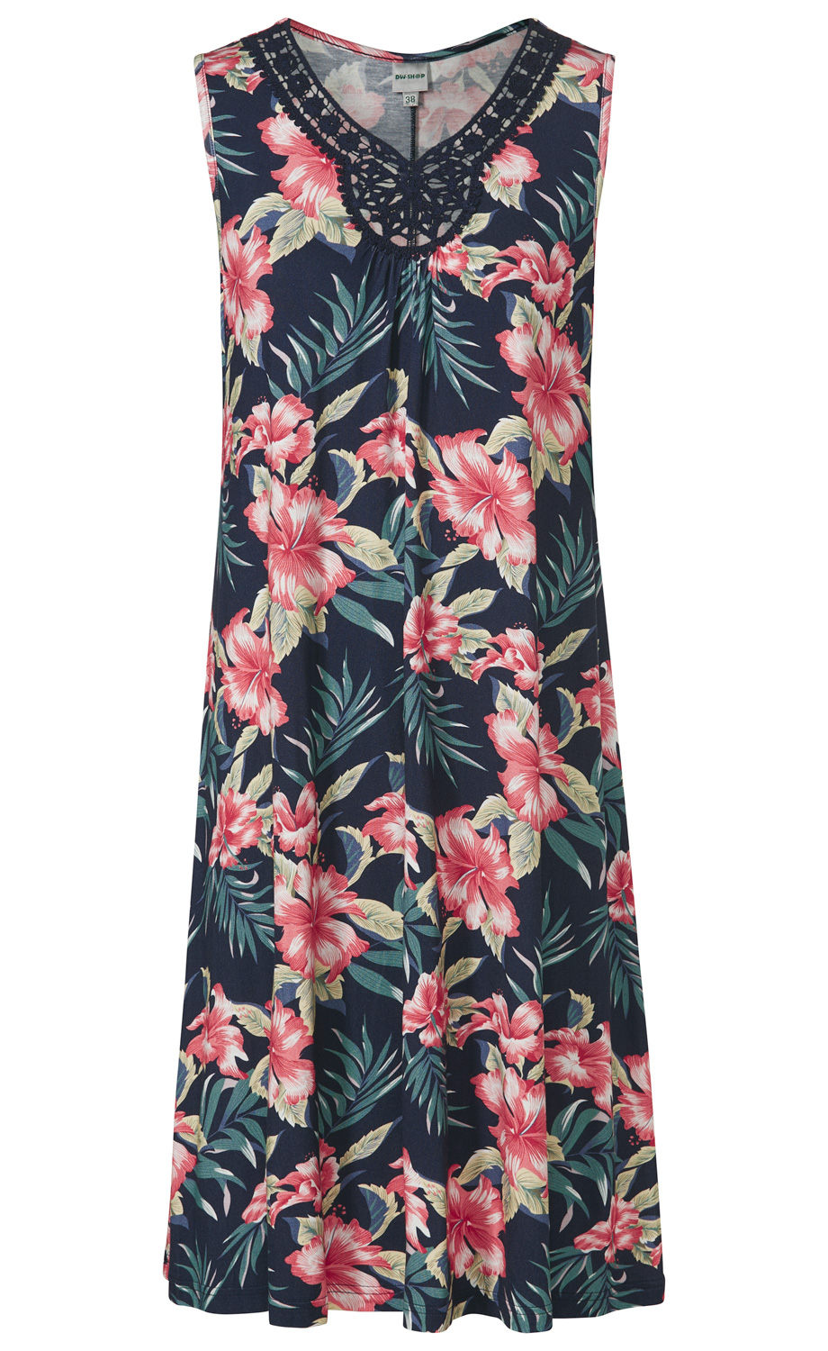 Ärmelloses Viskose-Mix-Kleid in Dunkelblau mit buntem tropischem Blumenmuster, V-Ausschnitt mit schwarzer Häkelspitze, locker fallend, knielang