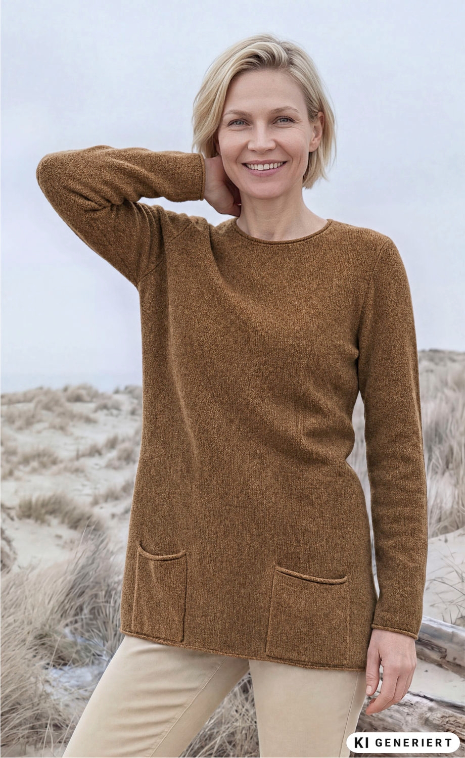 Frau trägt braunen Merino-Mix-Pullover mit langen Ärmeln und zwei Taschen, lächelt, blondes kurzes Haar, helle Stoffhose, steht in einer Dünenlandschaft bei bewölktem Himmel