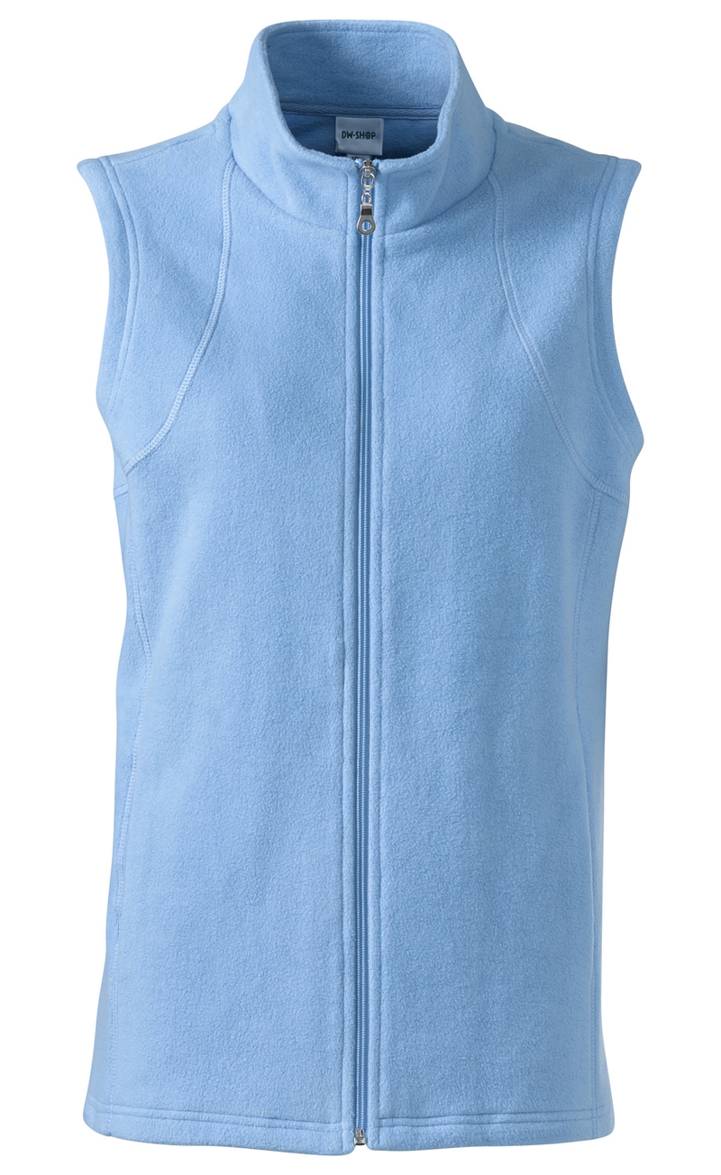 Hellblaue Baumwoll-Fleece-Weste ohne Ärmel mit Stehkragen und durchgehendem Reißverschluss, eng anliegende Passform, einfache Nahtführung, weiches Material, geeignet für kalte Tage