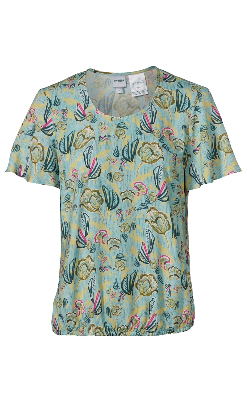 Damen Viskose-Bluse in Hellblau mit kurzärmligem Schnitt, Rundhalsausschnitt und floralem Muster in Gelb, Grün, Dunkelgrün und Pink, mit elastischem Saumabschluss